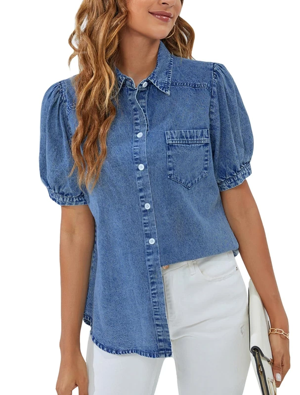 BMJL Womens Denim Shirt Business Casual Button Down Work Blouses Puff Sleeve Summer Tops, Blue, S