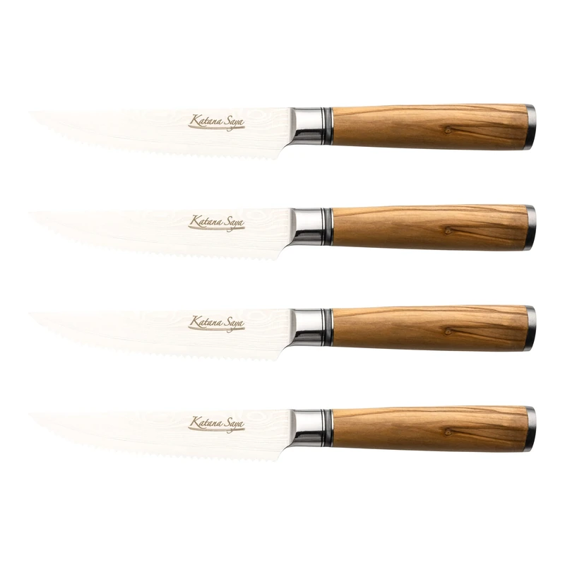 Katana Saya Olive Wood 4 Piece Steak Knife Set, 4X 9cm Serrated Steak Knives, Japanese 67-Layer VG-10 Damascus Stainless Steel, Natural Olive Wood Handle, Kitchen Knife