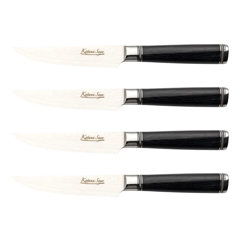 Katana Saya Pakkawood 4 Piece Steak Knife Set, 4X 9cm Serrated Steak Knives, Japanese 67-Layer VG-10 Damascus Stainless Steel, Black Pakkawood Handle, Kitchen Knife