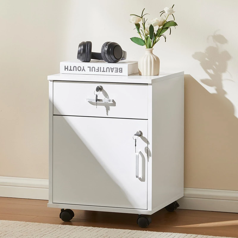 TUKAILAi Office Filing Cabinet, Mobile File Cabinet Storage 1 Drawer & 1 Door with Lockable Rolling Wheels Under Desk for A4 Paper, Legal Letters For Home Office