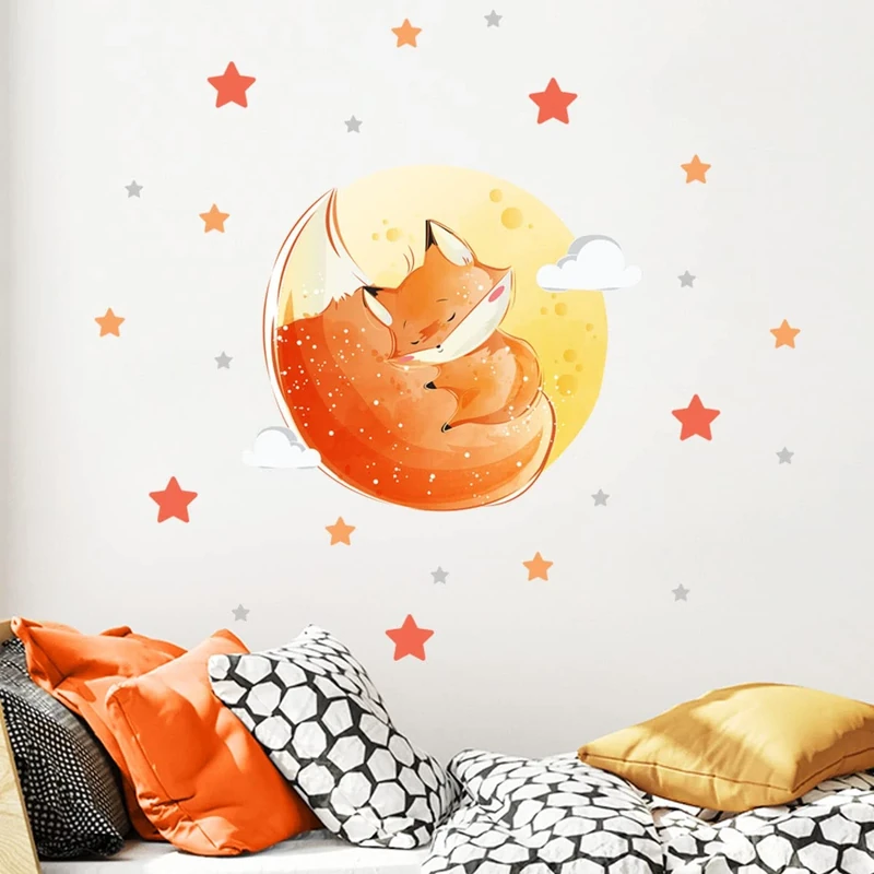 Children's Wall Stickers - Baby Room Decoration - Children's Bedroom Wall Sticker - Fox Dreamer + 50 Stars - H30 x L40 cm