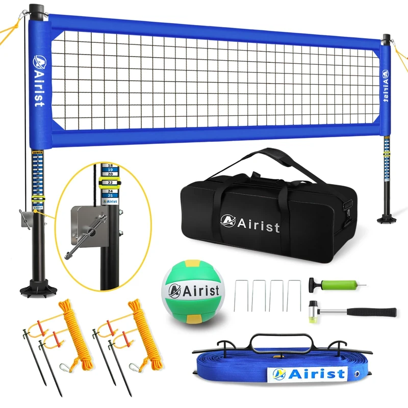 Airist Heavy Duty Volleyball Net Outdoor with Steel Anti-Sag System, Adjustable Aluminum Poles, Professional Volleyball Nets Set for Backyard and Beach, Ball and Carrying Bag (Blue)