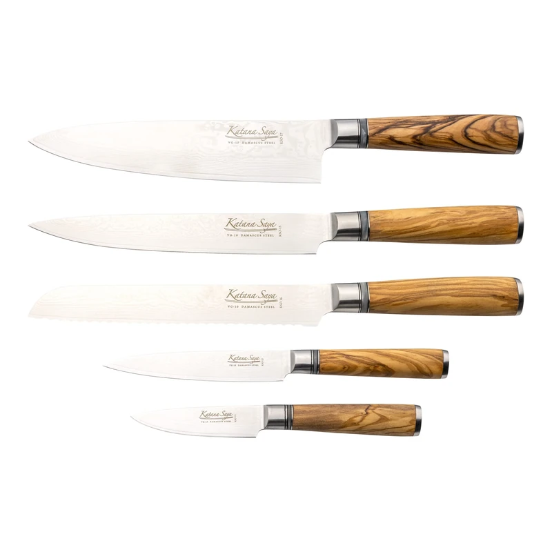 Katana Saya 6-Piece Knife Block Set, VG-10 Damascus Steel with Olive Wood Handle and Block
