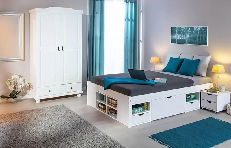 Dmora - Two-door wardrobe with two drawers with solid pine finish, white color, 104 x 200 x 56 cm.