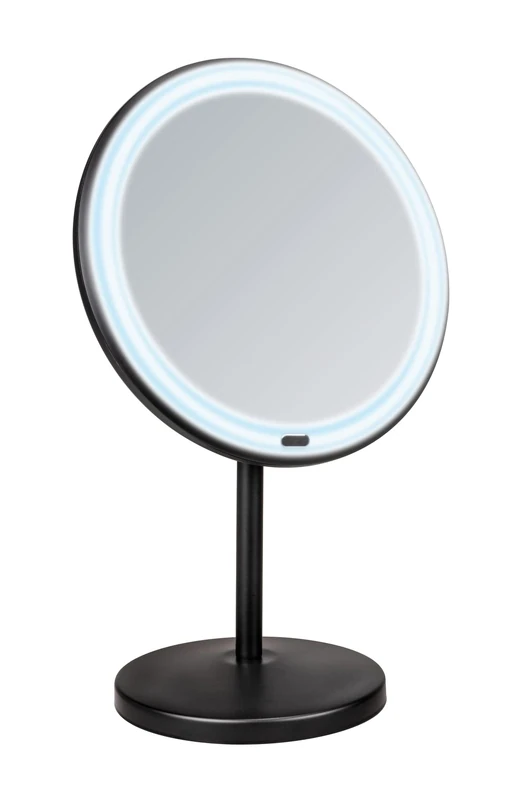 WENKO Onno LED stand cosmetic mirror, dimmable make-up mirror with LED lighting and 5x magnification, switch on/off via touch function, operation with batteries or USB cable, 20x34x13.5 cm, black
