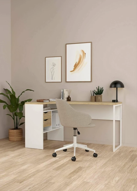 Dmora - Corner desk with two drawers, oak and white color, 145 x 76 x 81 cm