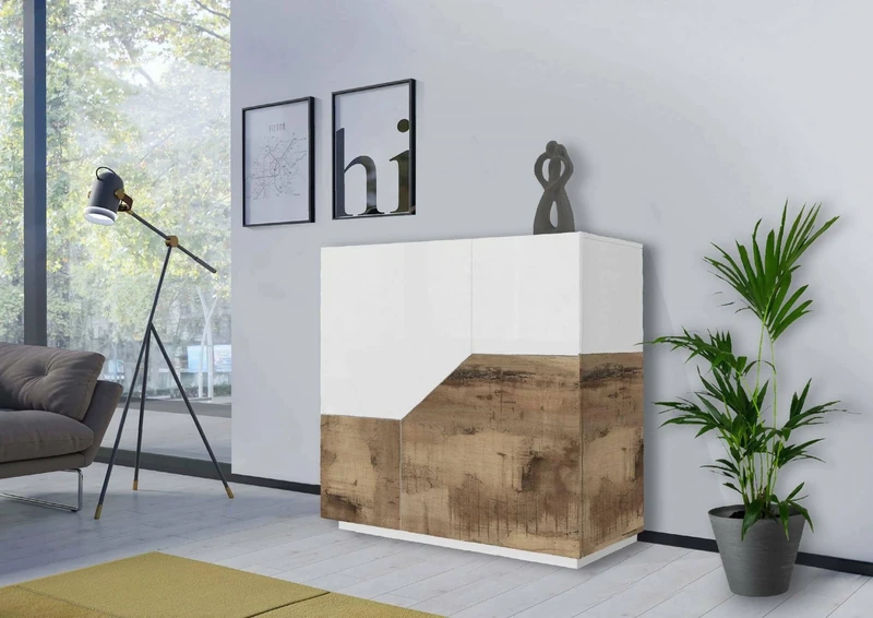 Dmora - Sideboard Domenico, Kitchen sideboard with 2 geometric doors, Living room buffet, Kitchen sideboard, 100% Made in Italy, 79x43h86 cm, Glossy white and Maple
