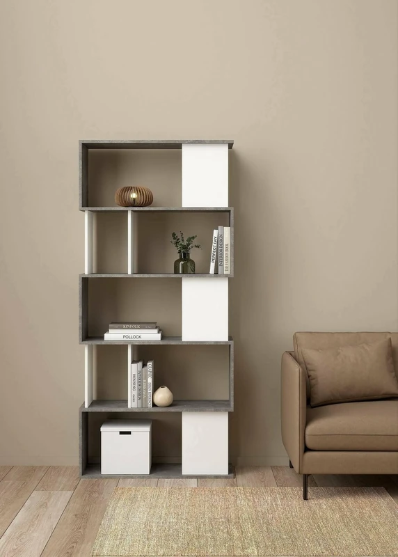 Dmora - Bookcase with 5 asymmetrical shelves, white and gray, Measurements 80 x 175 x 29.5 cm