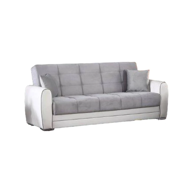 Dmora - Sofa bed Luis, 3-seater container sofa bed in eco-leather and fabric, Living room sofa in padded fabric with click-clack opening, 220x84h91 cm, White and Gray