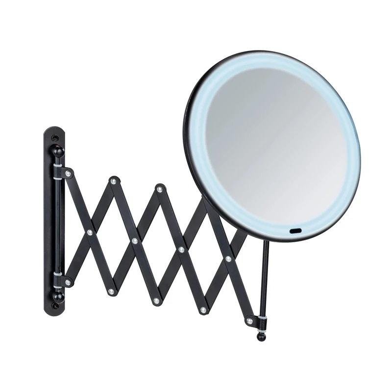 WENKO Barona LED telescopic wall make-up mirror, extendable cosmetic mirror with LED lighting and 5-fold magnification, on/off switch via touch function, operated with batteries or USB cable, black