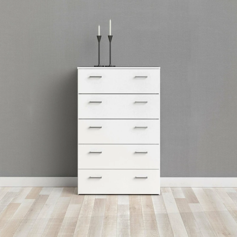 Dmora - Chest of drawers with five drawers with handles, white color, Measurements 74 x 114 x 36 cm