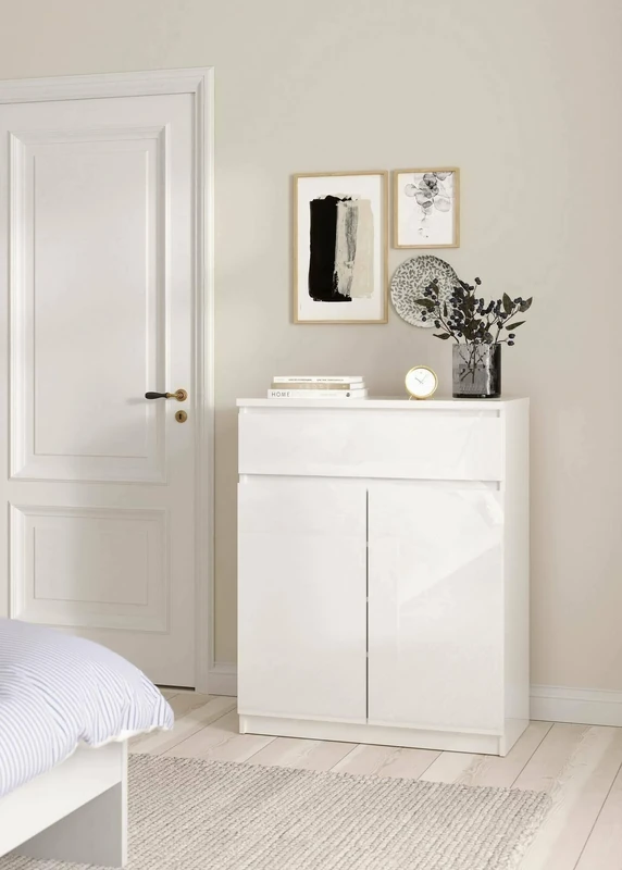 Dmora - Sideboard with doors and one drawer, glossy white, 80 x 100 x 41 cm