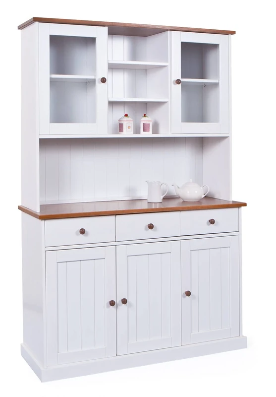 Dmora - Sideboard with three doors and three drawers with upper glass cabinet, white with brown details, 131 x 181 x 45 cm