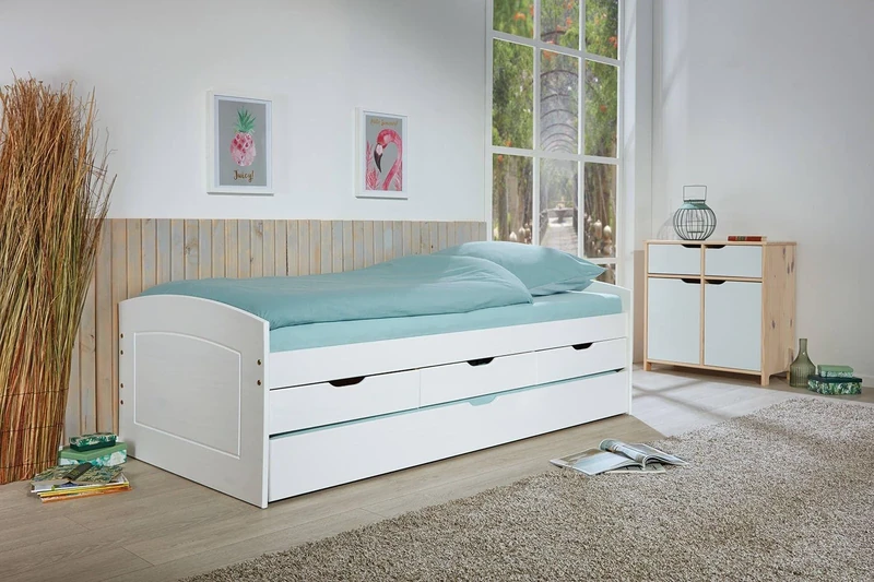 Dmora - Bed with storage drawers and second lower pull-out bed, in white-stained solid pine, 98x205x63 cm, bed bases excluded