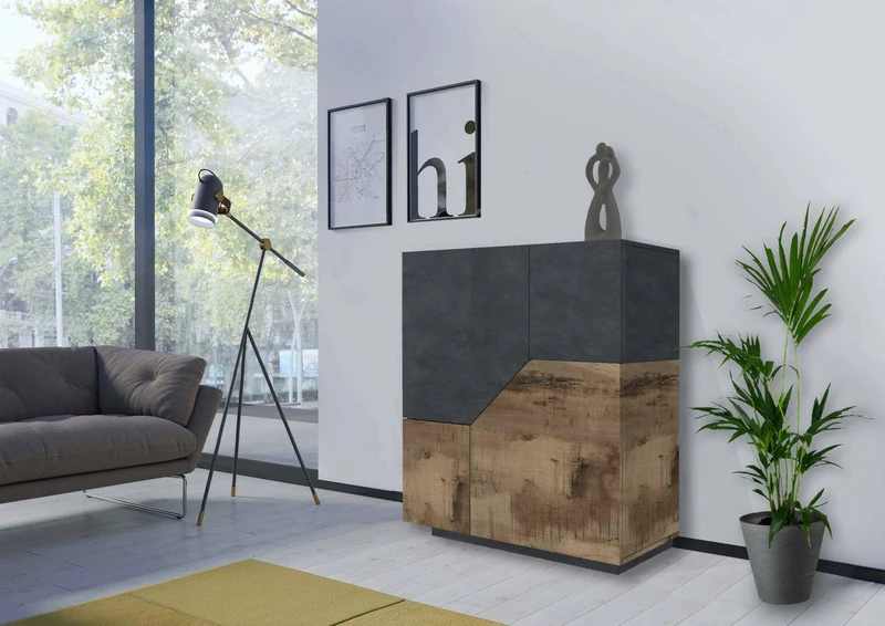Dmora - Sideboard Nathan, Kitchen sideboard with 2 doors, Buffet for living room, 100% Made in Italy, cm 100x43h106, Slate and Maple