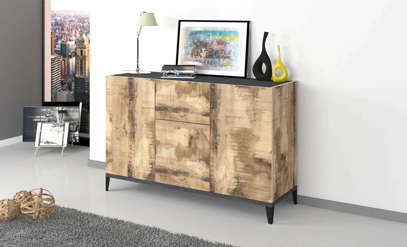 Dmora - Sideboard Giorgio, Kitchen sideboard with 3 doors and 1 drawer, Living room buffet, Kitchen sideboard, 100% Made in Italy, cm 120x40h82, Slate and Maple