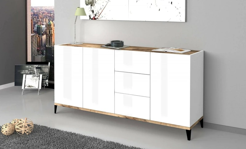 Dmora - Sideboard Paolo, Kitchen sideboard with 3 doors and 3 drawers, Living room buffet, 100% Made in Italy, cm 160x40h82, Glossy white and Maple