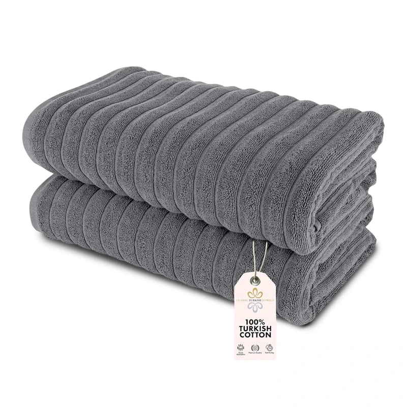 Classic Turkish Towels - Luxury Ribbed Bathroom Towel Sets, 100% Turkish Cotton, Brampton Collection (Grey, 2 Piece Bath Sheet Set - 40" x 65")