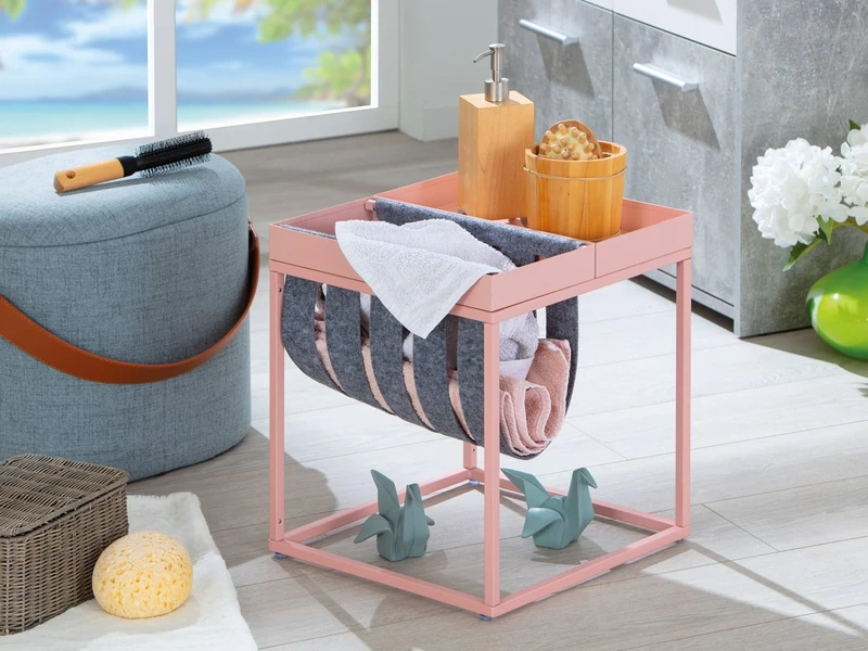 Dmora - Coffee table in olive-colored painted metal, with magazine rack in boiled wool, 35x35x40 cm