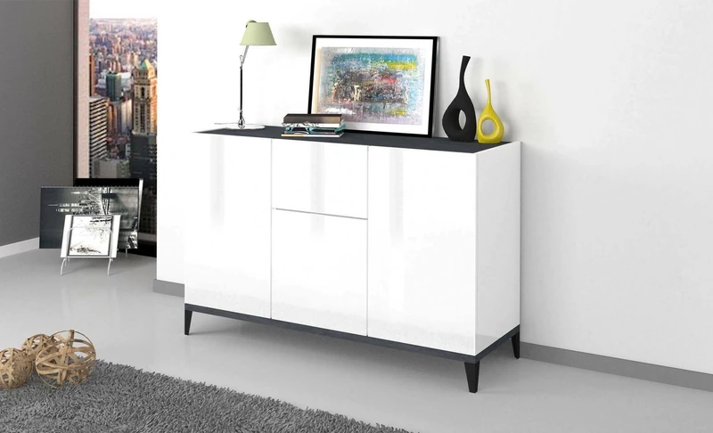 Dmora - Sideboard Giorgio, Kitchen sideboard with 3 doors and 1 drawer, Living room buffet, Kitchen sideboard, 100% Made in Italy, 120x40h82 cm, Glossy white and Slate