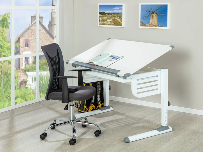 Dmora - Height-adjustable desk with tilting shelf, in white metal, 110x68x55-78 cm