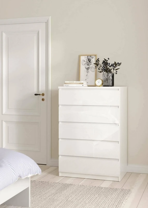 Dmora - Chest of drawers with five drawers, glossy white color, Measurements 77 x 113 x 50 cm