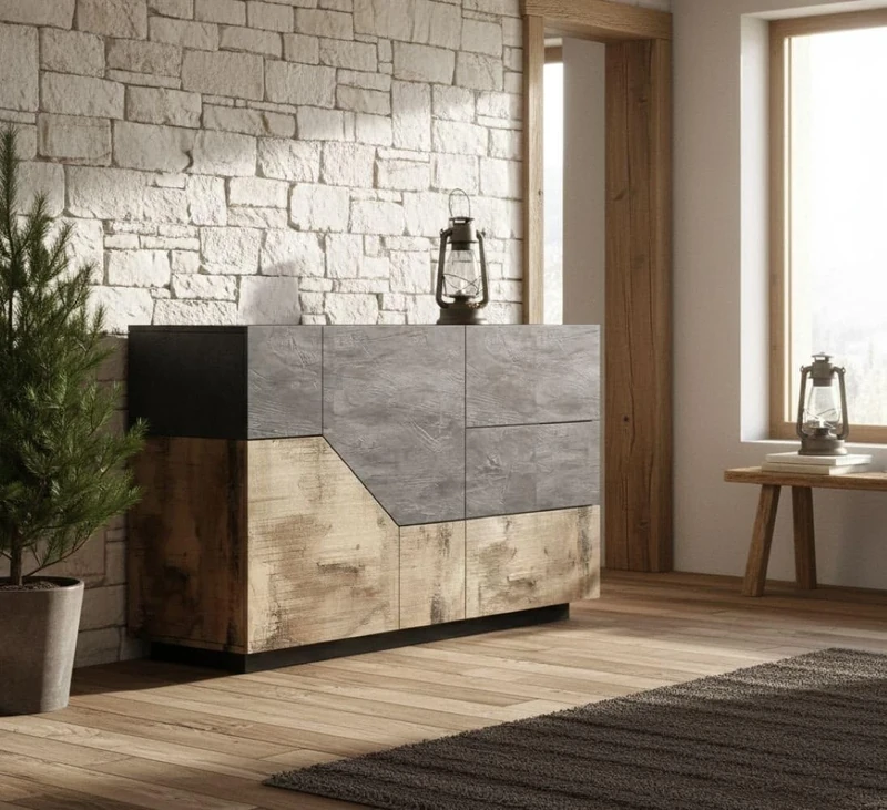 Dmora - Sideboard Ludovico, Kitchen sideboard with 2 doors and 3 drawers, Living room buffet, 100% Made in Italy, cm 141x43h86, Slate and Maple