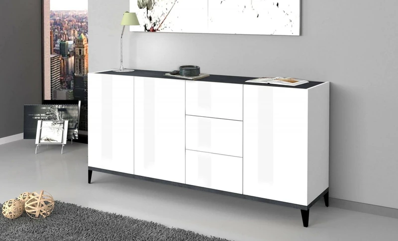 Dmora - Sideboard Paolo, Kitchen sideboard with 3 doors and 3 drawers, Living room buffet, 100% Made in Italy, cm 160x40h82, Glossy white and Slate