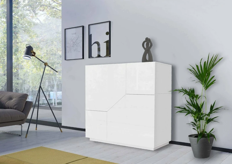 Dmora - Sideboard Domenico, Kitchen sideboard with 2 geometric doors, Living room buffet, Kitchen sideboard, 100% Made in Italy, cm 79x43h86, Glossy white