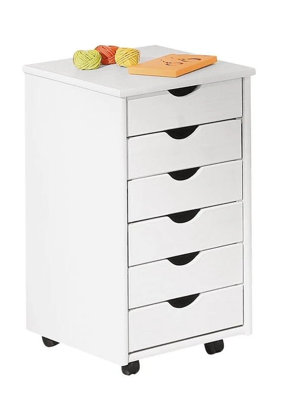 Dmora - Office chest of drawers with six drawers on wheels, white color, 36 x 65 x 40 cm