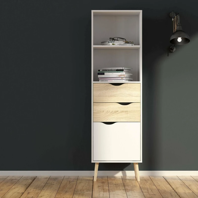 Dmora - Scandi style bookcase with two shelves, two drawers and a door, white and oak, Measures 50 x 171 x 39 cm