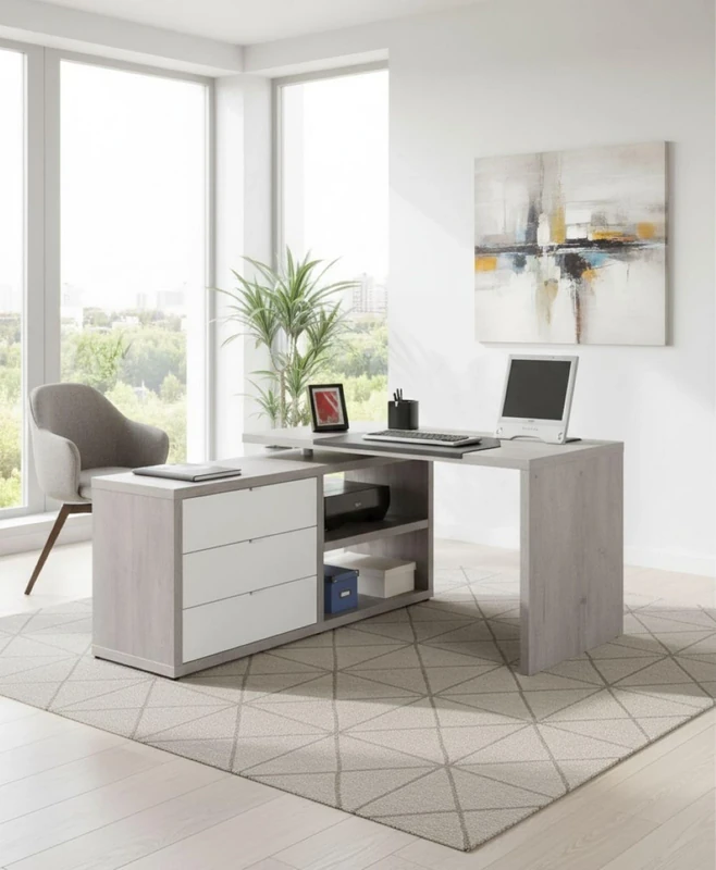 Dmora - Desk with corner assembly option with three drawers and two shelves, glossy white and concrete color, 140 x 74.2 x 150 cm