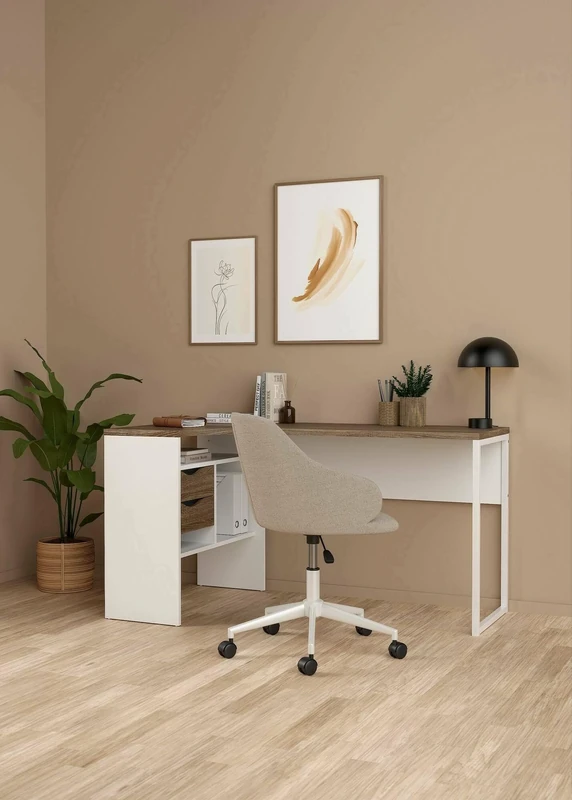 Dmora - Corner desk with two drawers, white and oak, 145 x 76 x 81 cm