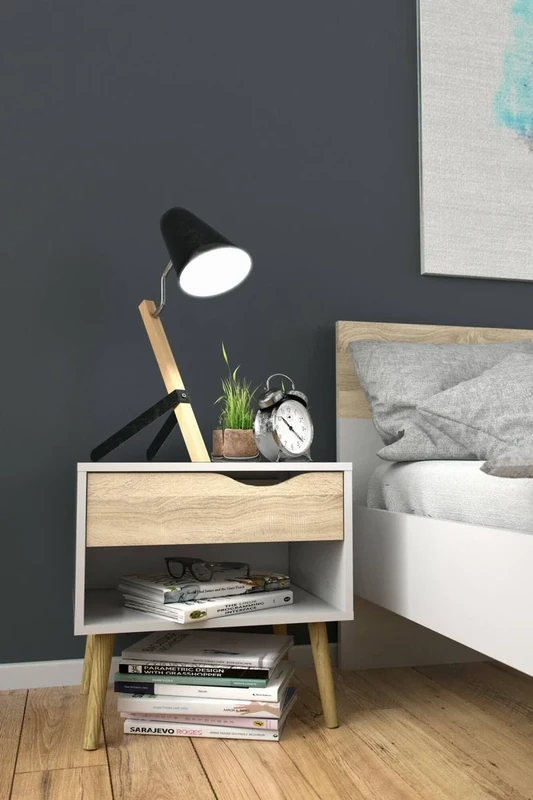 Dmora - Bedside table with one drawer and one storage compartment, white and oak color, Measurements 50 x 49 x 39 cm