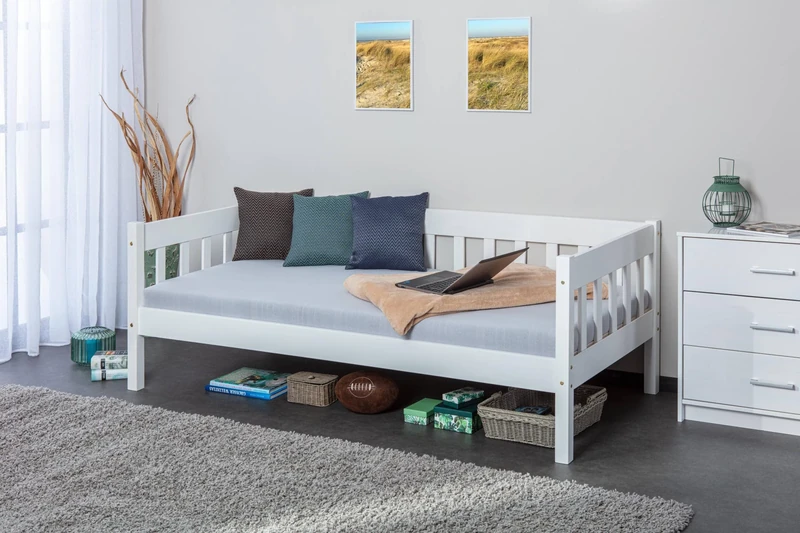 Dmora - Single sofa bed, in white solid pine, 98x205x63 cm, slatted base included
