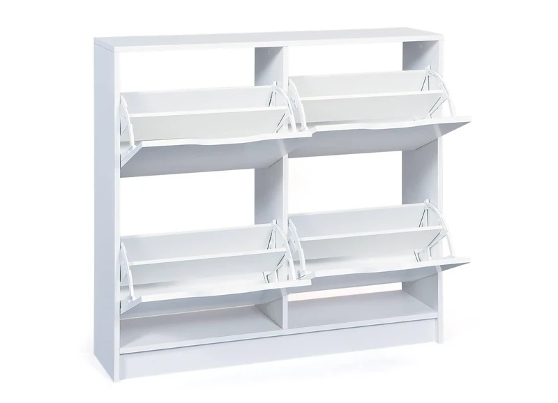 Dmora - Shoe cabinet with four flap doors, white 90 x 25 x 100