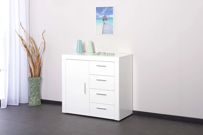 Dmora - Sideboard with 1 door and 4 drawers, glossy white, 94x40x86 cm