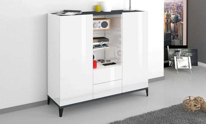 Dmora - Sideboard Niccolò, Kitchen sideboard with 2 doors and 2 drawers, Living room buffet, 100% Made in Italy, cm 120x40h133, Glossy white and Slate