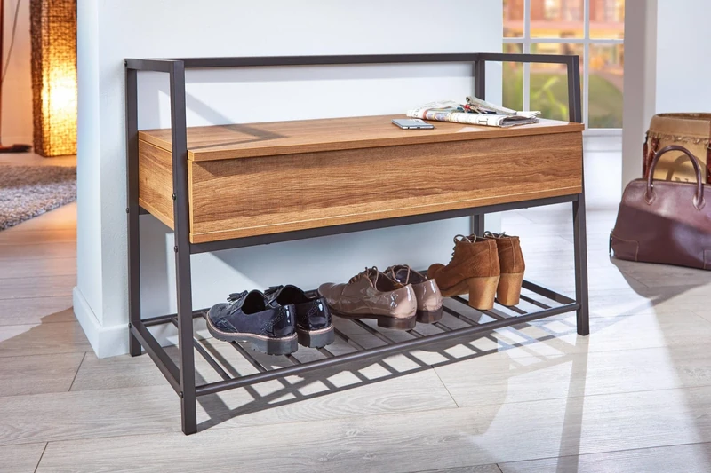 Dmora - Shoe cabinet with container and rack, in black metal and oak-colored melamine, cm 90x39x61 - Image 1