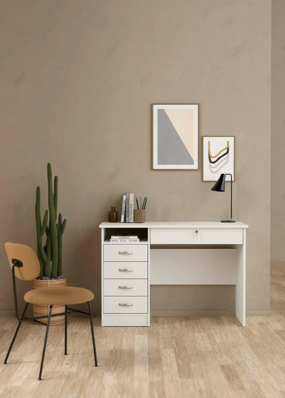 Dmora - Desk with five drawers, white color, Measurements 109 x 75 x 48 cm