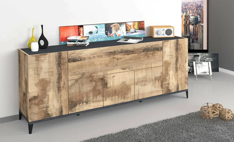 Dmora - Sideboard Vittorio, Kitchen sideboard with 6 doors, Buffet for living room, 100% Made in Italy, cm 200x40h82, Slate and Maple