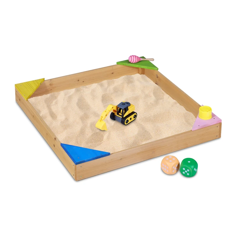 Relaxdays Sandpit, 4 Coloured Corner Seats, HxWxD: 11.5 x 90 x 90 cm, Fir Wood, Rectangular Natural Wooden