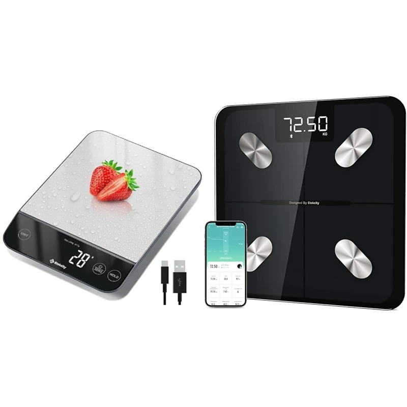 Etekcity 10kg Digital Kitchen Scales,Waterproof, USB Rechargeable Food Scales with LED Display & Smart Bathroom Scales for Body Weight, Accurate to 0.05lb (0.02kg)