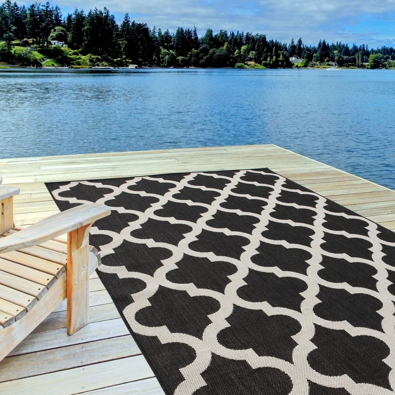 THE RUGS Outdoor Rug – Weather & UV Resistant Outdoor/Indoor Area Rugs - Durable Rugs for Patio, Deck, Garden, Kitchen, Bathroom or Living Room - Black, 140 x 200 cm