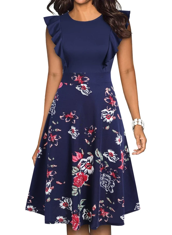 YATHON Women's Vintage Ruffle Floral Flared A Line Swing Casual Cocktail Party Dresses, Yt001-navy Daisy P1, S
