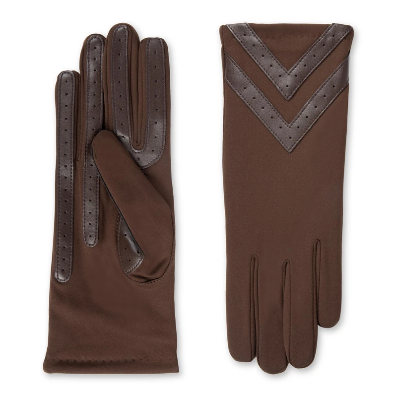 Isotoner Women's Spandex Touchscreen Cold Weather Gloves with Warm Fleece Lining and Chevron Details, Brown-Smartdri, L-x-L