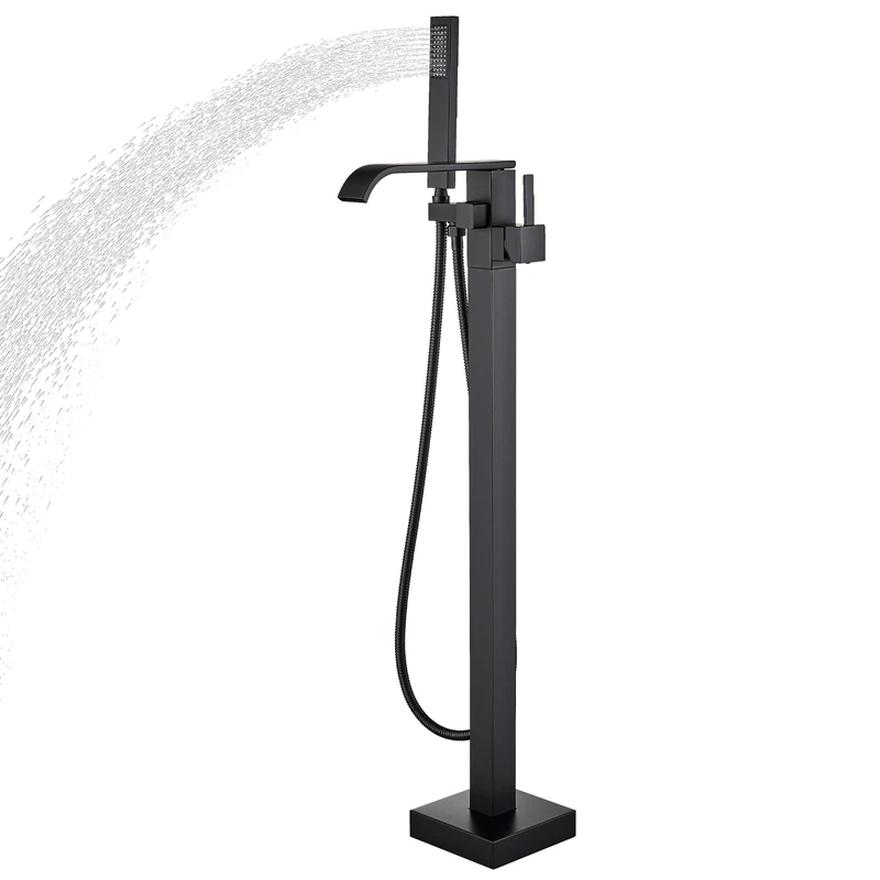 Freestanding Bathtub Faucet Matte Black Floor Mounted Tub Filler with Hand Shower Brass High Flow 360 Degree Swivel Standing Spout Mixer Taps