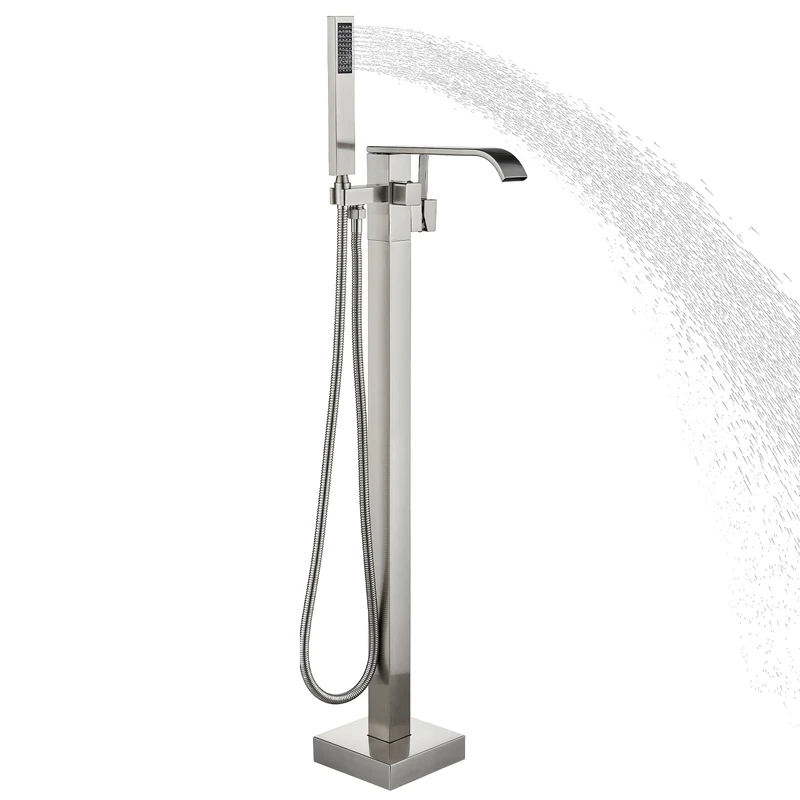 Freestanding Bathtub Faucet Brushed Nickel Tub Filler Floor Mount Single Handle Brass Tap with Handheld Shower and Swivel Mixer Spout