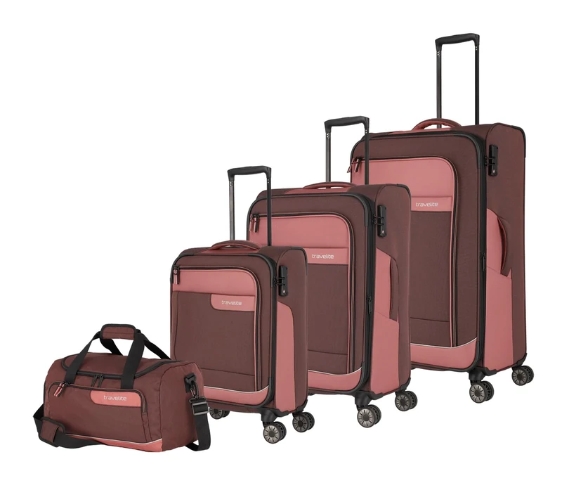 travelite 4-Wheel Suitcase Set Soft Shell Made of Recycled Material, Sizes L/M/S + Travel Bag, Luggage Series VIIA: Trolley Set with Hand Luggage in IATA Board Baggage Size