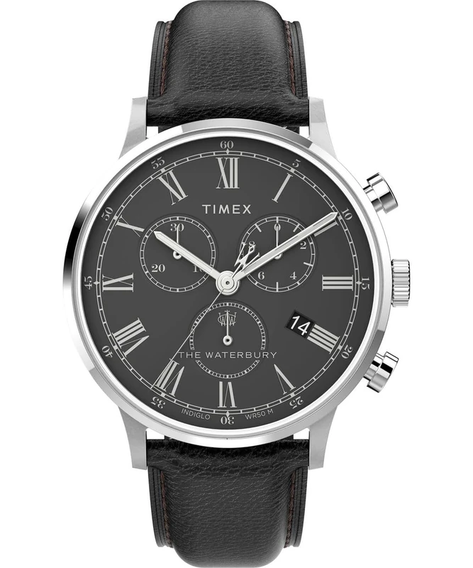 Timex Men's Waterbury 40 mm Watch - Black Leather Strap with Black Dial and Stainless Steel Case TW2U88300